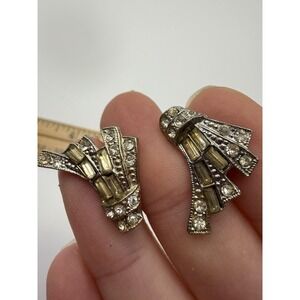 Vintage Art Deco Baguette Rhinestone Yellow & Clear Clip On Earrings Jewelry